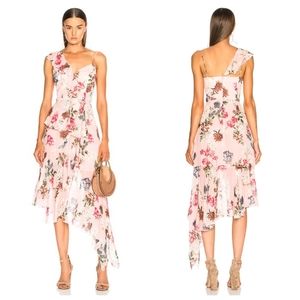 NICHOLAS x REVOLVE 100% Silk Floral Frill Ruffle Asymmetric Midi Dress in Lilac